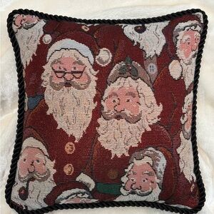 Santa Faces Pillow AOP Red White Green Metallic Thread Black Rope trim EUC